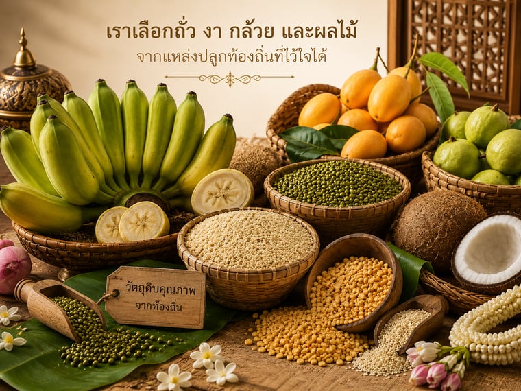 คัดวัตถุดิบเอง — เราเลือกถั่ว งา กล้วย และผลไม้จากแหล่งปลูกท้องถิ่นที่ไว้ใจได้