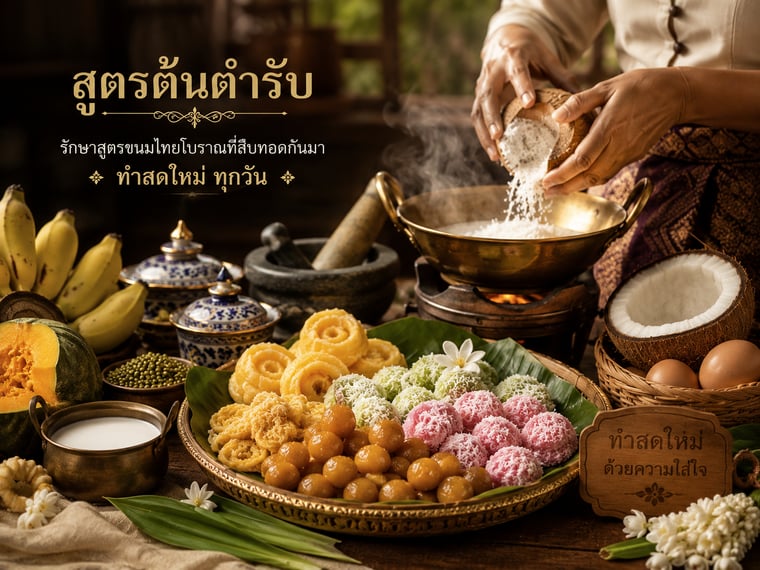 สูตรต้นตำรับ — รักษาสูตรขนมไทยโบราณที่สืบทอดกันมา ทำสดใหม่ทุกวัน